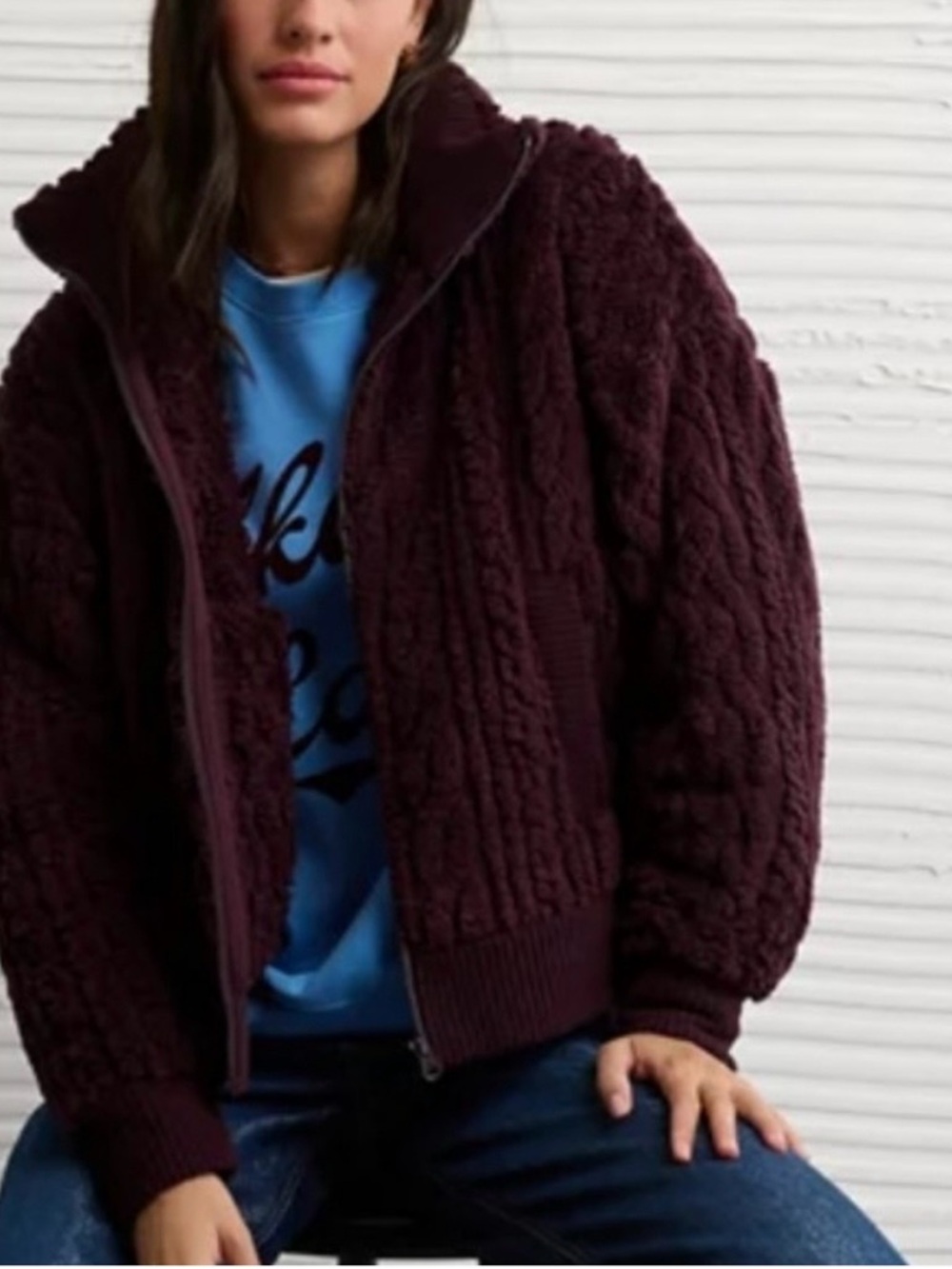 American Eagle Cable Sherpa Full Zip-Up Sweatshirt in Burgundy - Picture 6 of 10